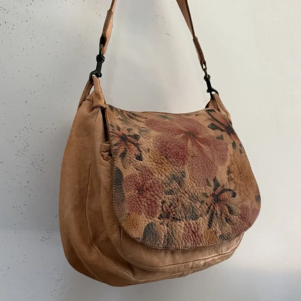 Sundance Leather Saddle Bag Painted Floral Memories Hobo Boho Indie Artsy ITALY